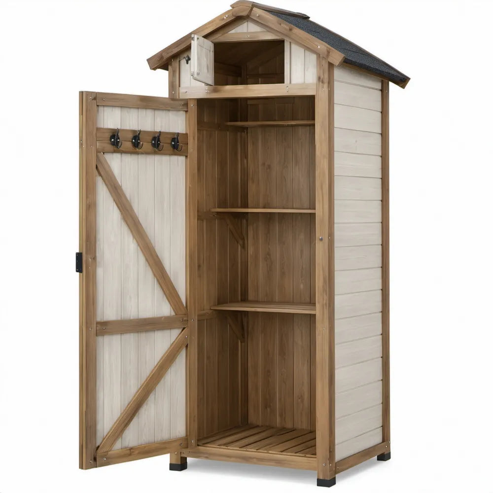 Houten tuinkast met 3 planken, 4 haken en opbergvak – 77 x 54 x 179,5 cm – Bruin/Wit/Zwart