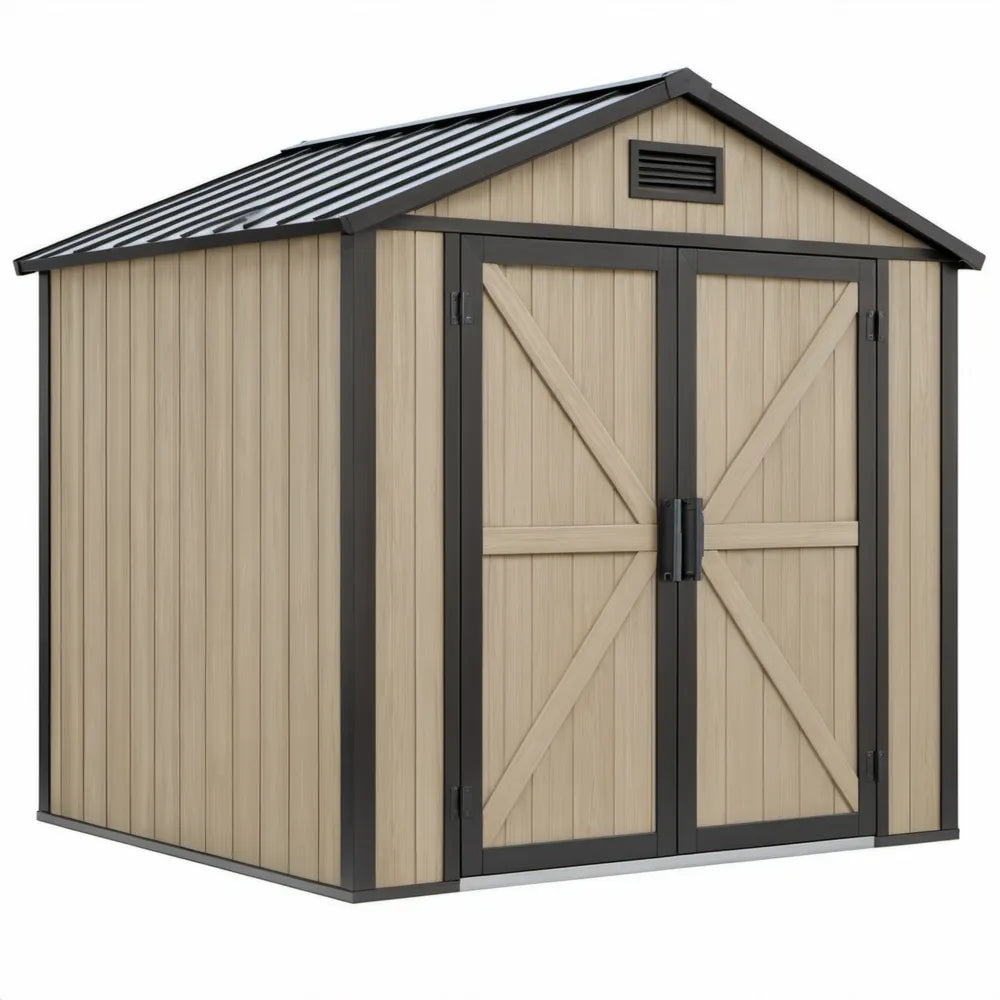 Kunststof tuinhuis met dubbele deuren, 229 x 185 x 242 cm, Beige/Antraciet