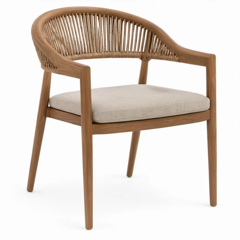 Terrasstoel met armleuningen van massief teakhout en polyester touw, naturelbruin/beige, 60 x 63 x 76 cm