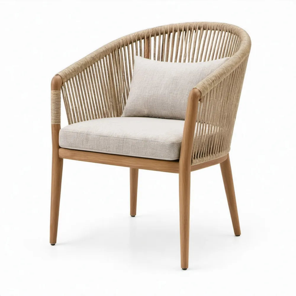 Terrasstoel met armleuningen van acaciahout en gevlochten koord, 60 x 65 x 78 cm, Naturel/Beige