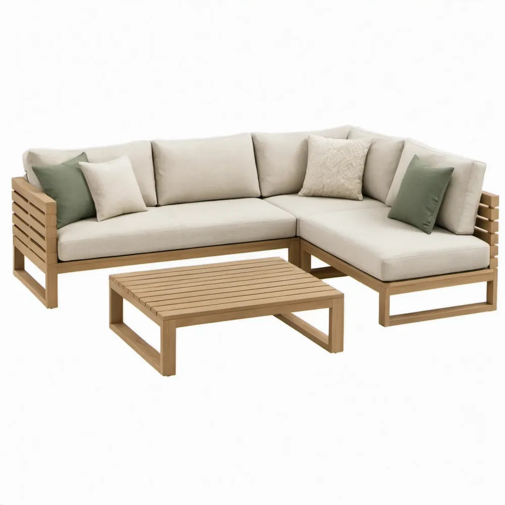 3-delige hoekloungeset met salontafel, 271 x 146 cm, massief acaciahout, naturel/crème/groen