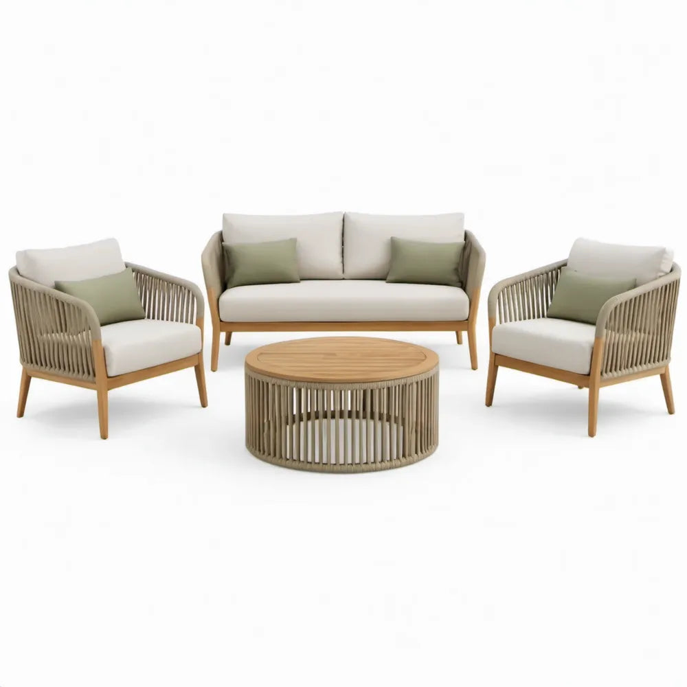 4-delige set van acaciahout met polyester touw, crèmekleurige en olijfgroene kussens, bank 135 x 75 x 78 cm