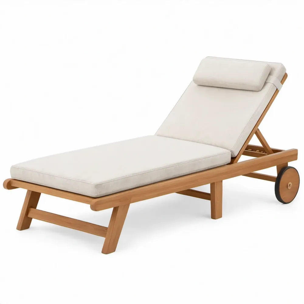 Teakhouten ligbed met verstelbare rugleuning, hoofdsteun en wielen, 200 x 65 cm, Beige