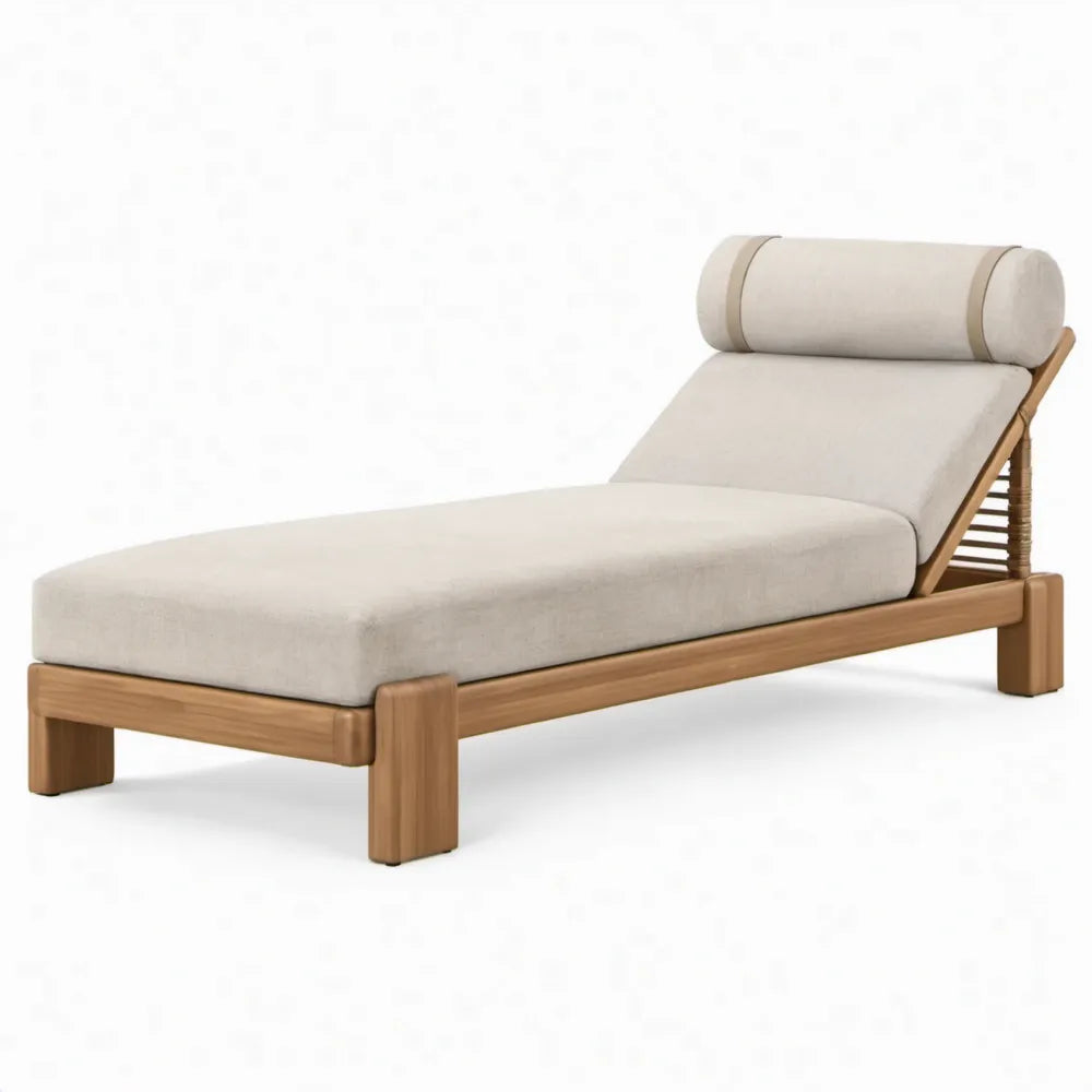 Verstelbaar ligbed van massief teakhout met beige kussens, 200 x 75 x 35 cm