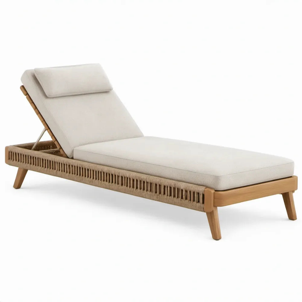 Ligbed met verstelbare rugleuning, kussens en acaciahouten frame – 200 x 75 x 35 cm – Beige/Naturel bruin/Taupe