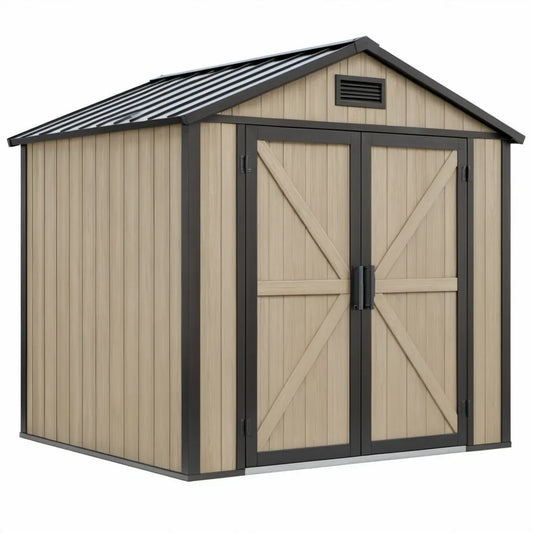 Kunststof tuinhuis met dubbele deuren, 229 x 185 x 242 cm, Beige/Antraciet