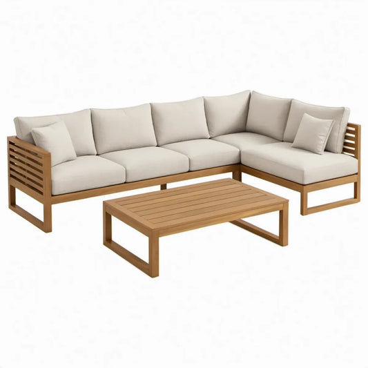 Hoekbank met salontafel, 220 x 140 x 75 cm, bruin/beige, massief acaciahout