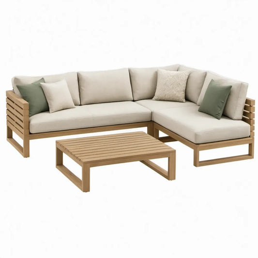 3-delige hoekloungeset met salontafel, 271 x 146 cm, massief acaciahout, naturel/crème/groen