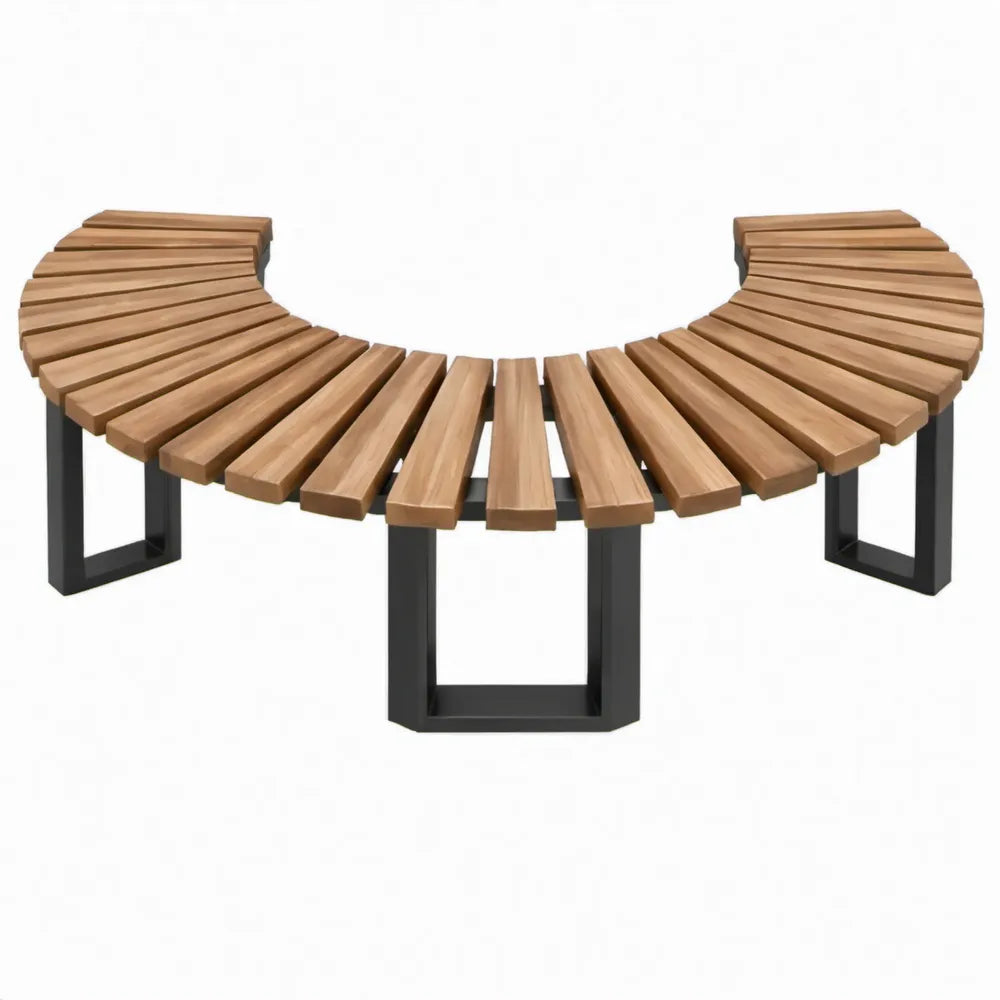 Halfronde tuinbank 200 x 100 x 45 cm van acaciahout en gepoedercoat staal, Bruin/Zwart