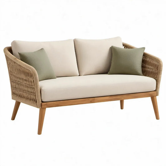 2-zits tuinbank met kussens, 150 x 75 x 78 cm, beige/naturelbruin/lichtbruin/olijfgroen, acaciahout en polyestertouw