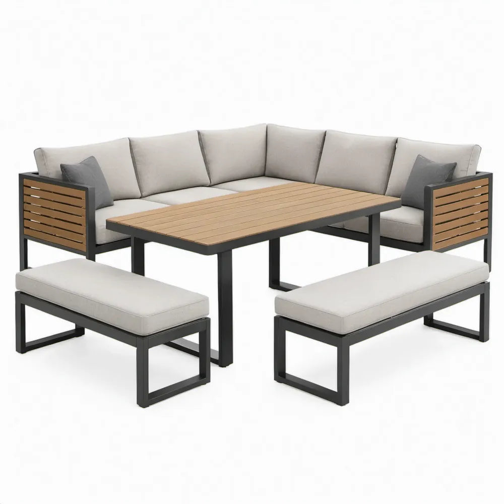 6-delige hoekloungeset 230 x 230 cm met tafel en 2 banken – Antraciet/Naturel/Lichtgrijs/Donkergrijs