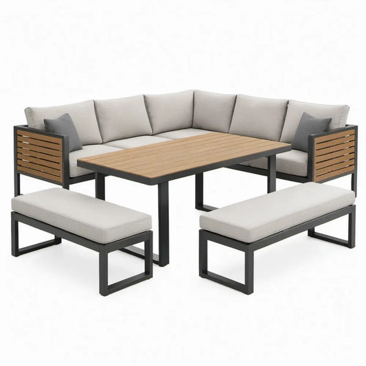 6-delige hoekloungeset 230 x 230 cm met tafel en 2 banken – Antraciet/Naturel/Lichtgrijs/Donkergrijs