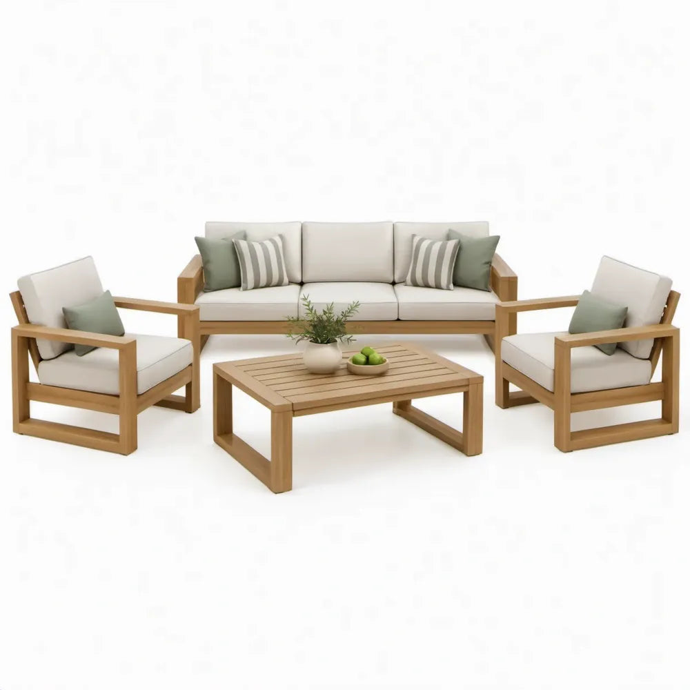 4-delige tuinloungeset van acaciahout met 3-zitsbank, 2 fauteuils en salontafel – 190 x 75 x 75 cm – Naturel/Beige
