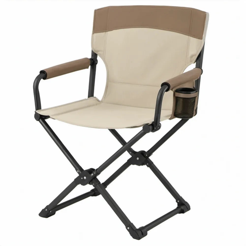 Inklapbare tuinstoel met armleuningen en bekerhouder, beige/taupe/zwart, 60 x 60 x 90 cm