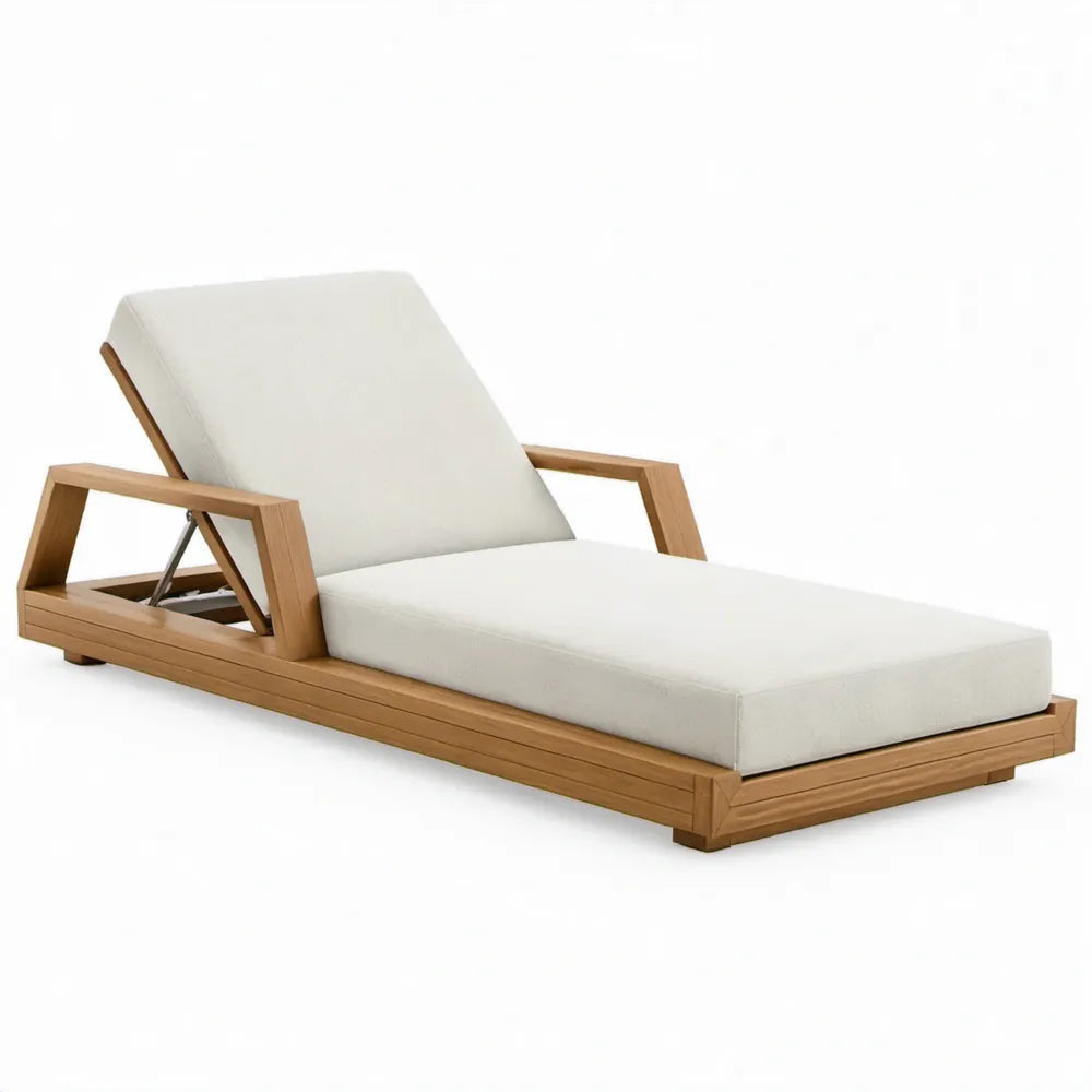 Ligbed met verstelbare rugleuning, 200 x 75 x 35 cm, naturel acaciahout met witte kussens