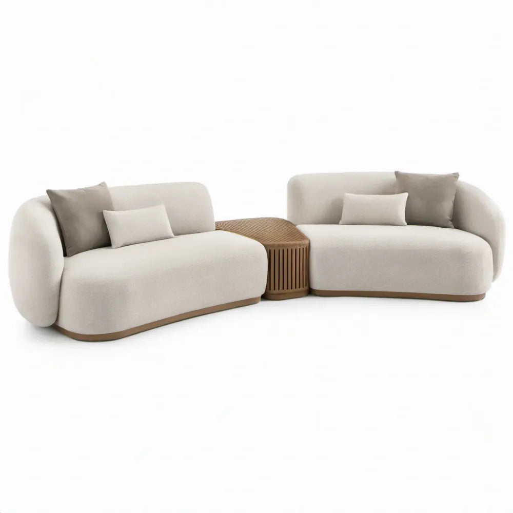 Crème en taupe loungeset met 2 zitgedeelten en centrale tafel, 430 x 90 x 75 cm