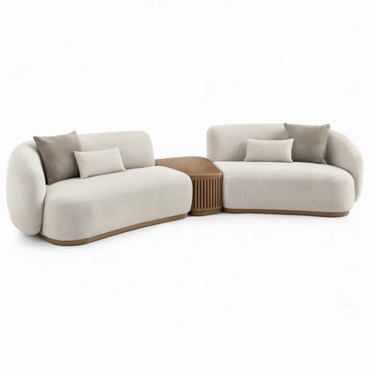 Crème en taupe loungeset met 2 zitgedeelten en centrale tafel, 430 x 90 x 75 cm
