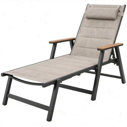 Verstelbare inklapbare ligstoel met hoofdsteun 200 x 65 x 100 cm Grafietgrijs/Beige/Naturelbruin