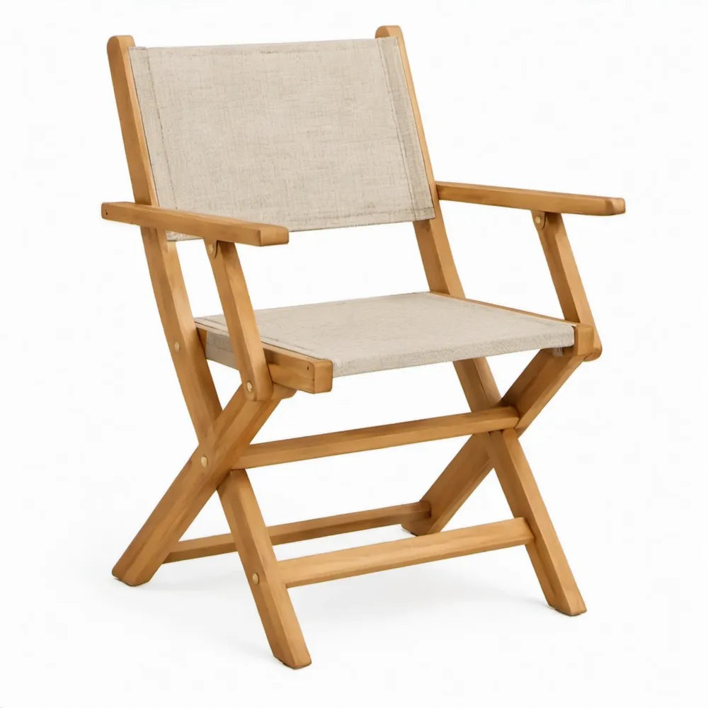 Inklapbare tuinstoel met armleuningen, massief beukenhout en katoenen canvas, 56 x 48 x 88 cm, naturelbruin/beige
