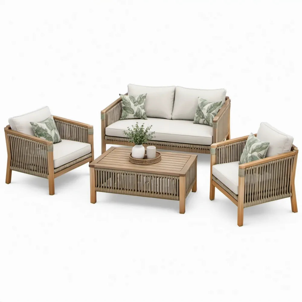 4-delige loungeset van acaciahout met beige kussens en grijs touw, bank 140 x 75 x 76 cm
