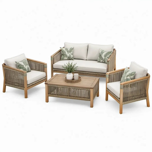4-delige loungeset van acaciahout met beige kussens en grijs touw, bank 140 x 75 x 76 cm