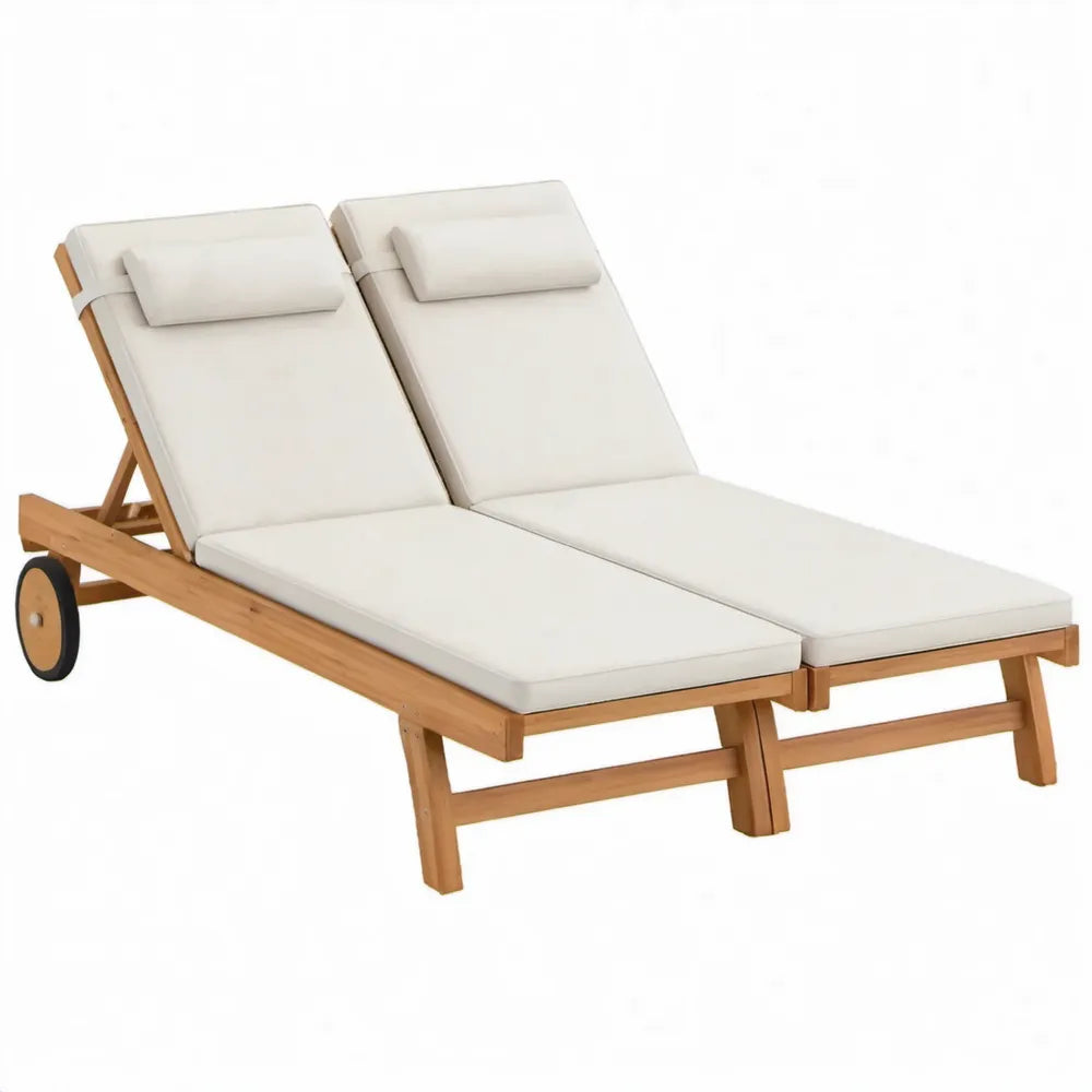 Dubbel tuinligbed van massief acaciahout met verstelbare rugleuningen, wielen en crèmekleurige kussens – 200 x 134 x 30 cm