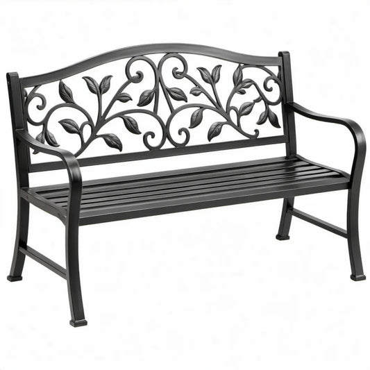 Zwarte metalen tuinbank met bladmotief, 122 x 62 x 81 cm