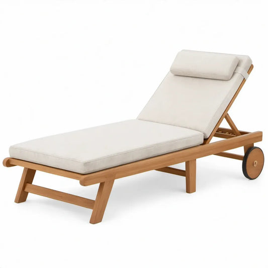 Teakhouten ligbed met verstelbare rugleuning, hoofdsteun en wielen, 200 x 65 cm, Beige