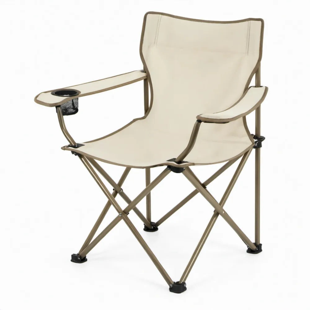 Opvouwbare beige campingstoel met armleuningen, bekerhouder en zijvak – 60 x 60 x 100 cm