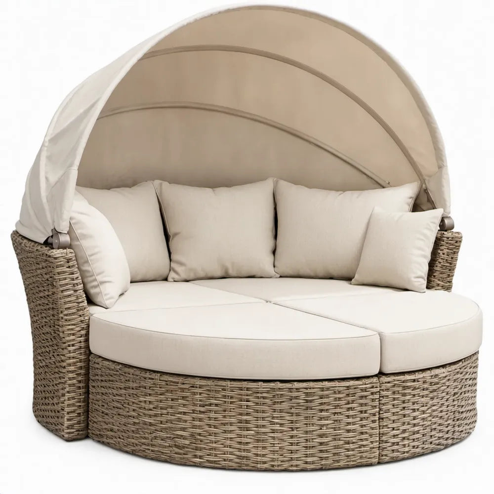 Rond tuinligbed voor 2 personen met opklapbaar zonnescherm, 180 x 180 x 165 cm, Beige/Grijsbruin