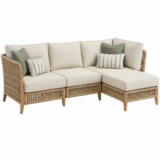 3-delige rotan hoekset met beige polyester kussens, 220 x 150 x 78 cm