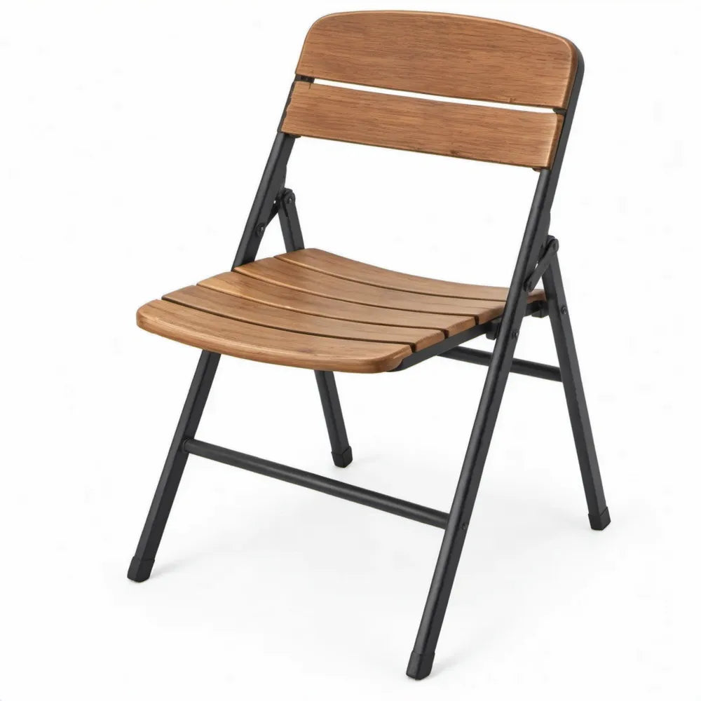 Opklapbare tuinstoel van acaciahout met zwart stalen frame, 46 x 52 x 84 cm