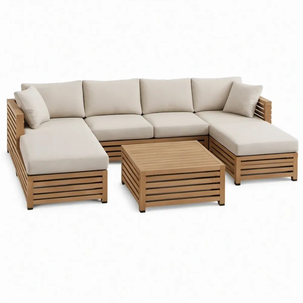 5-delige modulaire loungeset in L-vorm met salontafel, 290 x 220 x 70 cm, beige en naturelbruin