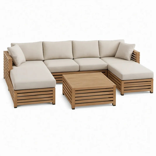 5-delige modulaire loungeset in L-vorm met salontafel, 290 x 220 x 70 cm, beige en naturelbruin