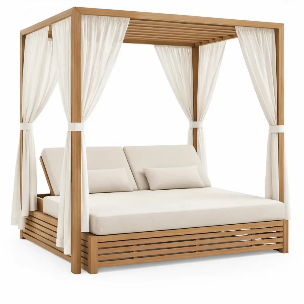 Hemelligbed van acaciahout 200 x 200 x 200 cm naturelbruin met crèmewitte kussens en gordijnen