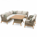 4-delige loungeset met halfronde bank, 2 fauteuils en tafel, beige/grijs, acaciahout en polypropyleen, bank 268 x 93 cm