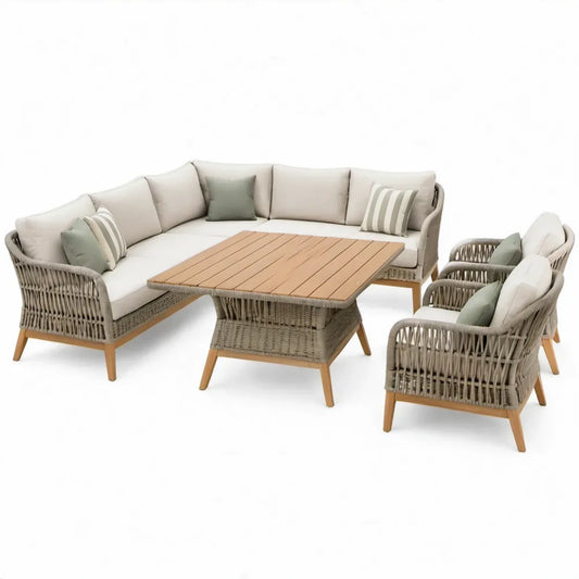4-delige loungeset met halfronde bank, 2 fauteuils en tafel, beige/grijs, acaciahout en polypropyleen, bank 268 x 93 cm