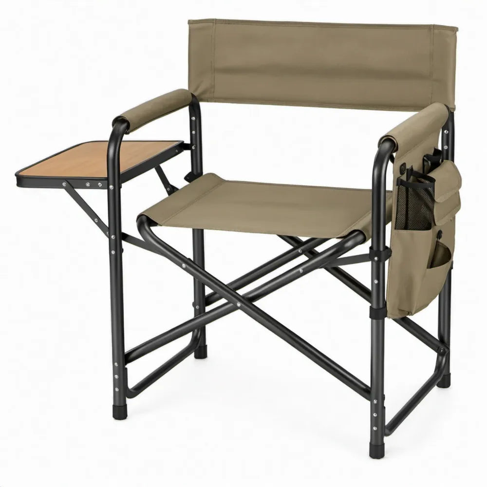 Opvouwbare regisseursstoel kaki met zwarte accenten, zijtafel en opbergtas, 86 x 50 x 80 cm